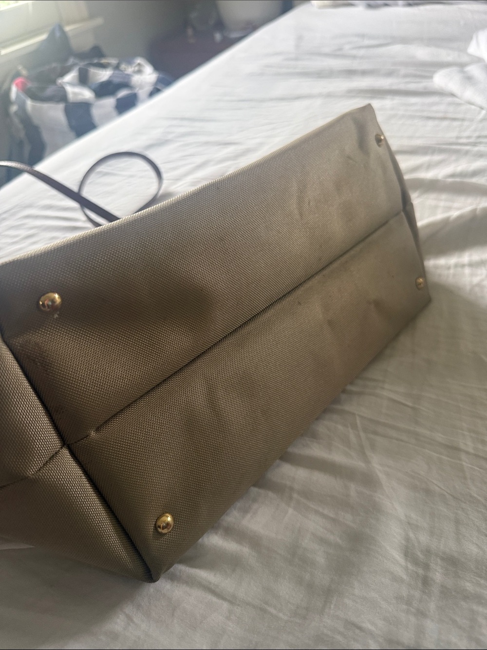Lauren Ralph Lauren Medium Keaton Nylon Tote Khaki Cognac Leather Gold - Picture 9 of 9